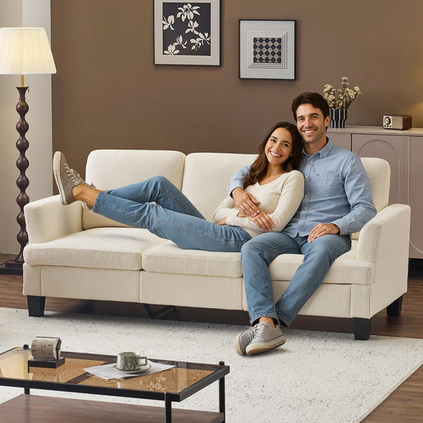 Beige Corduroy 3-Seater Sofa with Deep Seat