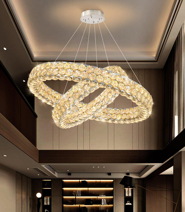 Dual Ring Crystal LED Chandelier – Dimmable Ceiling Light, Silver
