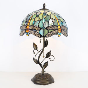 Tiffany Stained Glass Table Lamp with Metal Leaf Base