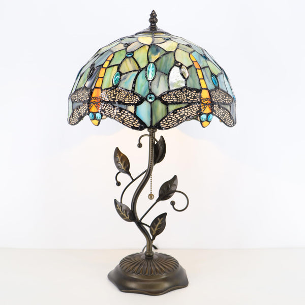 Tiffany Stained Glass Table Lamp with Metal Leaf Base