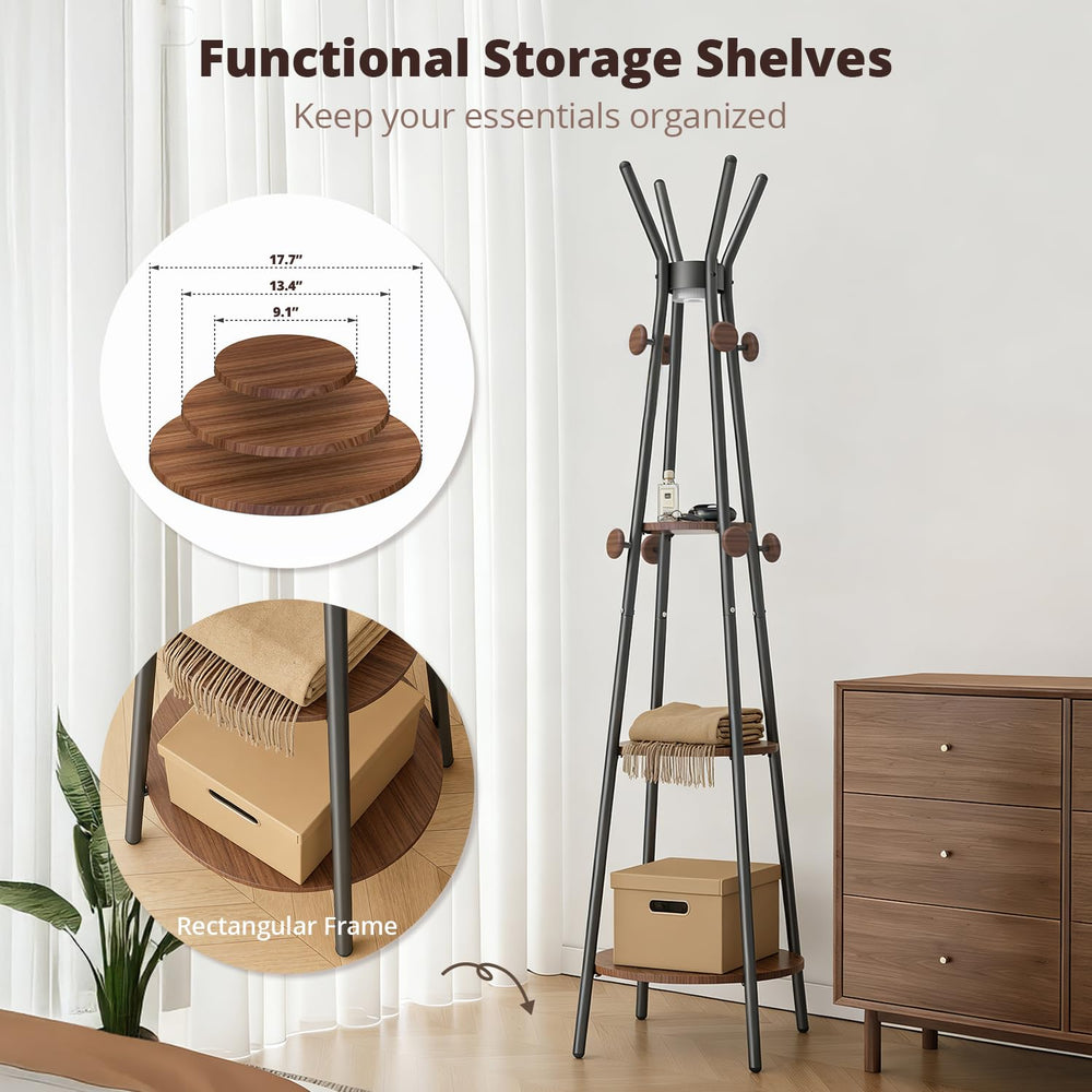 Freestanding Coat Rack with Motion Sensor Light, 3 Shelves & 12 Hooks