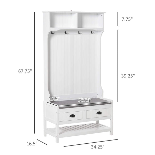 Hall Tree Entryway Bench with Coat Rack, Shoe Rack, Storage Drawers & Padded Seat