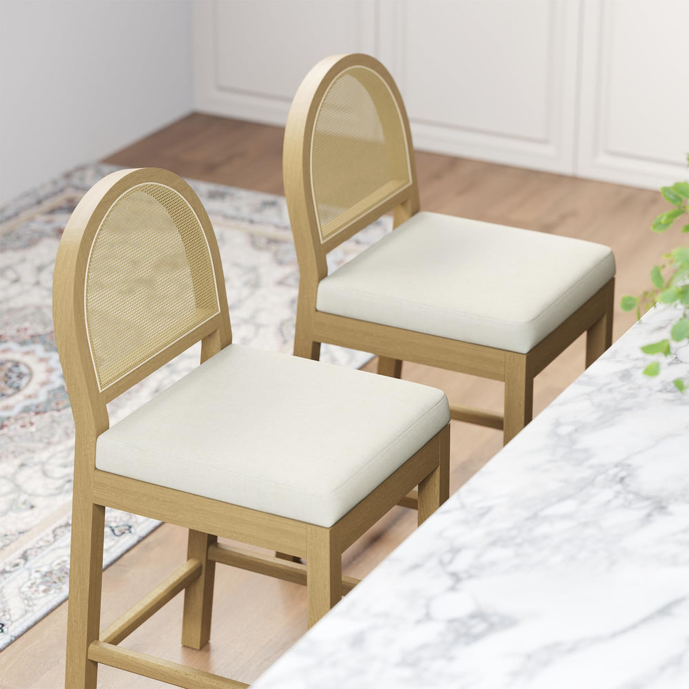 Upholstered Rattan Bar Stools – Solid Wood Counter Height Stools with Chenille Seat