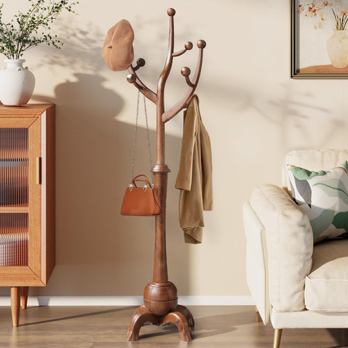 Wooden Coat Rack Freestanding with 8 Hooks