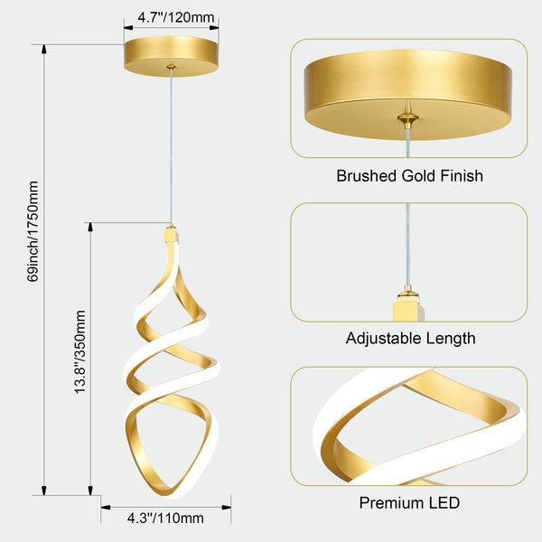 Brushed Gold LED Pendant Light – Dimmable, 3-Color Temperature