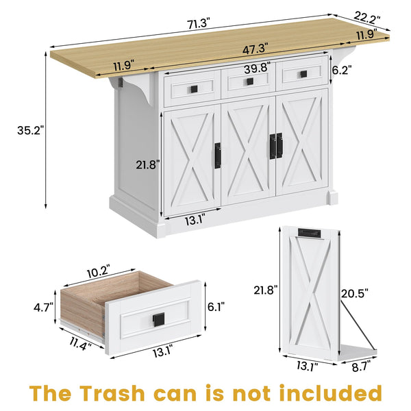 Large Kitchen Island with Drop Leaf & Power Outlet