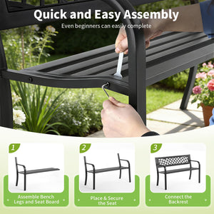 Metal Outdoor Garden Bench with Grid Pattern Backrest