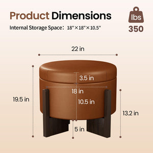 Divanus Faux Leather Round Ottoman, 22 Inch Storage Ottoman,Multi-Functional Footrest for Living Room & Bedroom,Apartments (Brown, Round)
