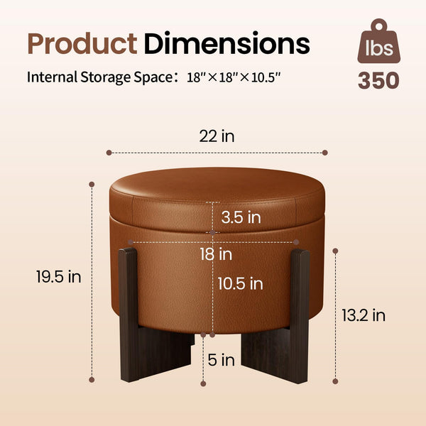 Divanus Faux Leather Round Ottoman, 22 Inch Storage Ottoman,Multi-Functional Footrest for Living Room & Bedroom,Apartments (Brown, Round)