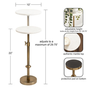 Adjustable Height Marble Pedestal Drink Table — Antique Brass