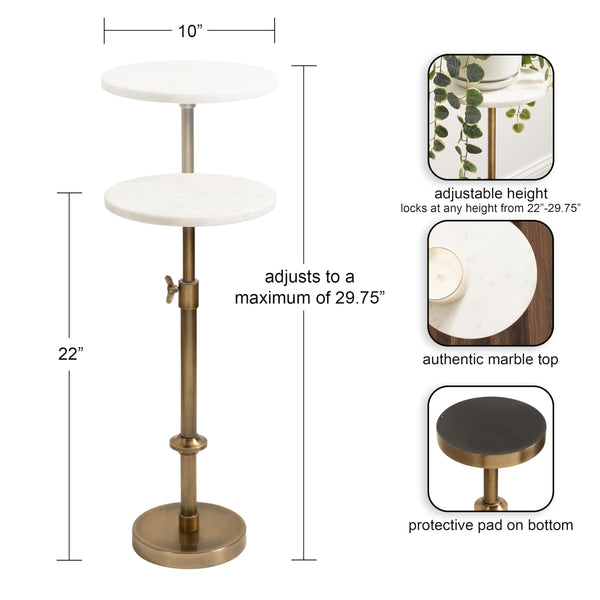 Adjustable Height Marble Pedestal Drink Table — Antique Brass