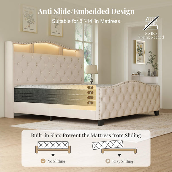 Upholstered Wingback Bed Frame with LED Lights & Storage