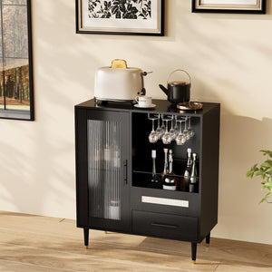Wine Bar Cabinet with Tempered Glass Doors & Stemware Rack