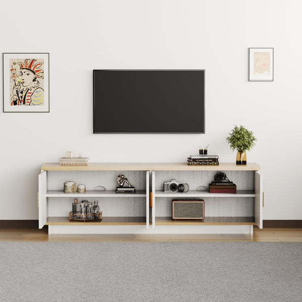 PROXRACER Rattan TV Stand for 65 Inch TV, Boho Media Console with 4 Woven Cane Doors, Modern Farmhouse Entertainment Center, Low Profile TV Cabinet with Storage for Living Room, White & Light Wood