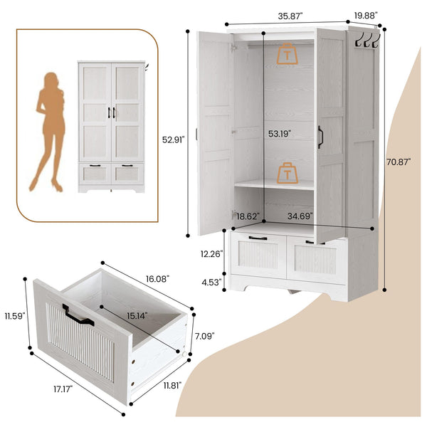 Armoire Wardrobe Closet with Doors, Drawers & Hanging Rod – White