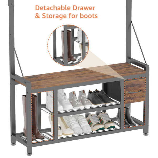 5-in-1 Hall Tree with Bench, Drawers, Shoe Rack & Hooks – 39"W