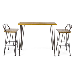 Outdoor Acacia Wood Bar Set with Wrought Iron Frame
