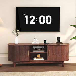 Mid Century Modern TV Stand with Sliding Doors and Power Outlet