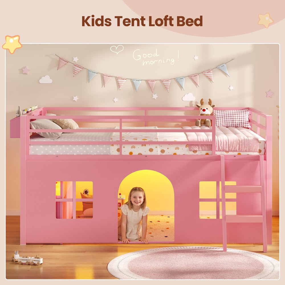 Kids Twin Low Loft Bed with Tent, Drawers & LED Lights