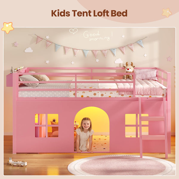 Kids Twin Low Loft Bed with Tent, Drawers & LED Lights