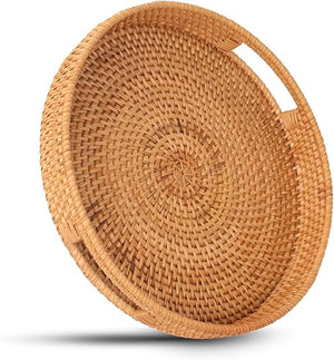 Round Rattan Serving Tray with Handles