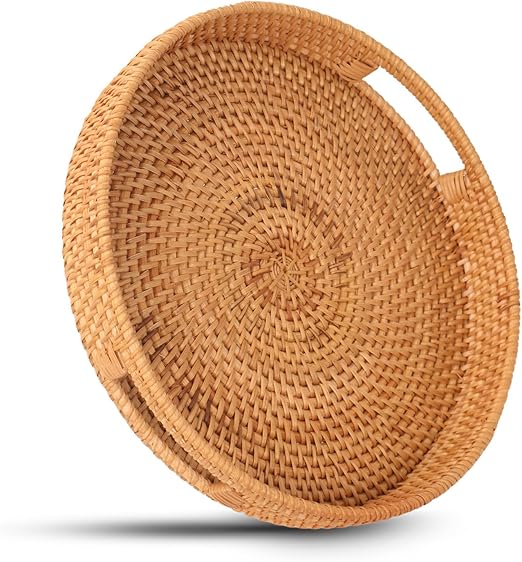Round Rattan Serving Tray with Handles