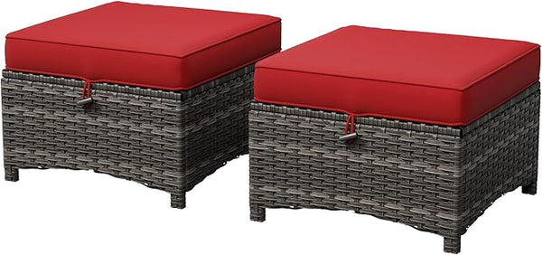 Outdoor Wicker Patio Ottomans Set of 2 with Cushion