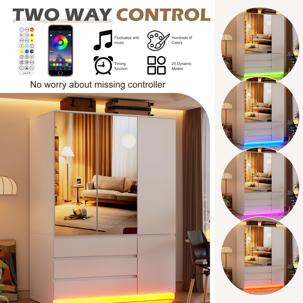 3-Door Wardrobe Closet with Mirror, LED Lights & Drawers