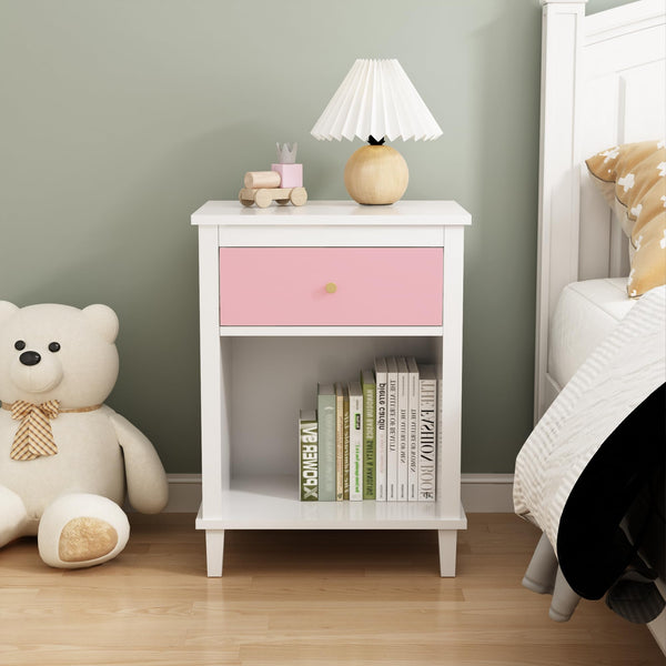 Wooden Nightstand with Drawer & Open Shelf