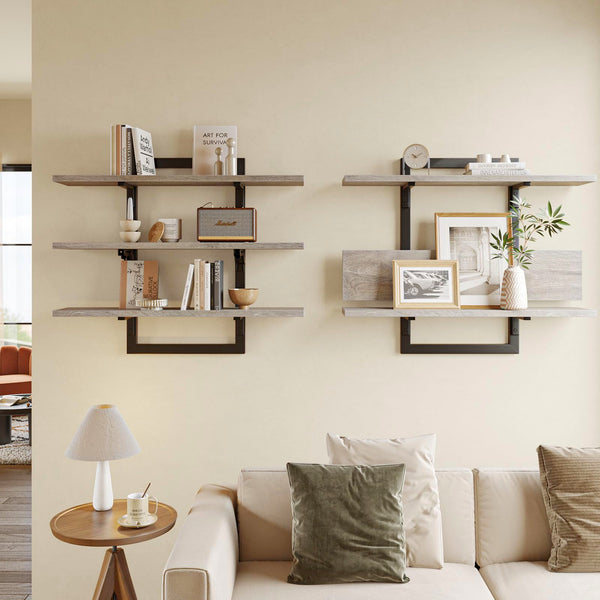 3-Tier Foldable Wall Mounted Floating Shelf with Industrial Metal Brackets
