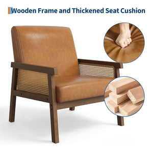 Rattan Arm Accent Chair, High Back PU Leather, Wooden Frame