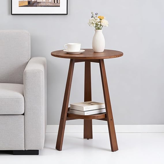 Bamboo Round 2-Tier End Table with Storage Shelf