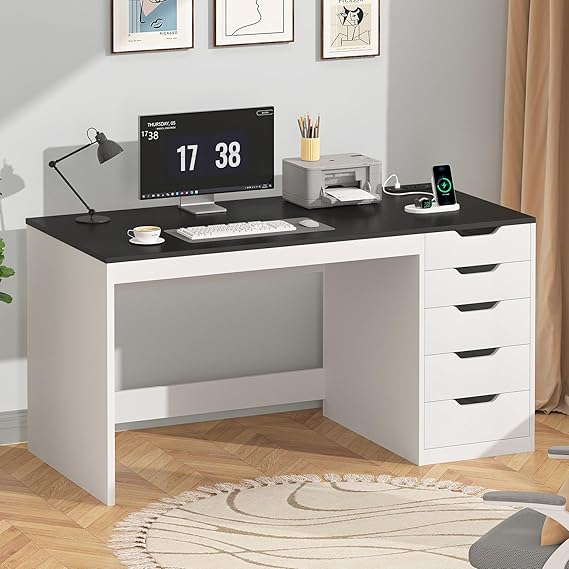 47-Inch Computer Desk with 5 Drawers & Power Outlets