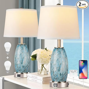 Blue Glass Table Lamps Set of 2 with USB Charging & 3-Way Lighting