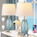Blue Glass Table Lamps Set of 2 with USB Charging & 3-Way Lighting