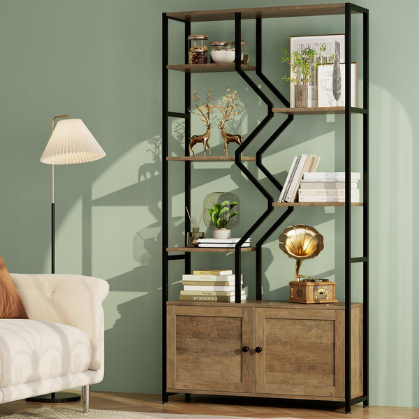 6-Tier Geometric Bookshelf with Storage Cabinet