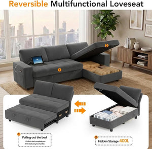 81" L-Shaped Sectional Sleeper Sofa with Pull-Out Bed & Storage