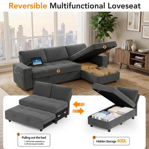81" L-Shaped Sectional Sleeper Sofa with Pull-Out Bed & Storage