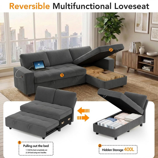 81" L-Shaped Sectional Sleeper Sofa with Pull-Out Bed & Storage