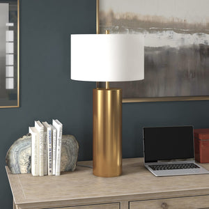 Mid-Century Modern Table Lamp with White Fabric Drum Shade