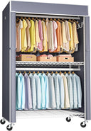 Covered Rolling Clothes Rack with Shelves & Hanger Rods