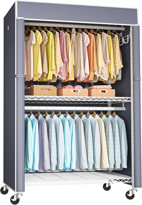Covered Rolling Clothes Rack with Shelves & Hanger Rods