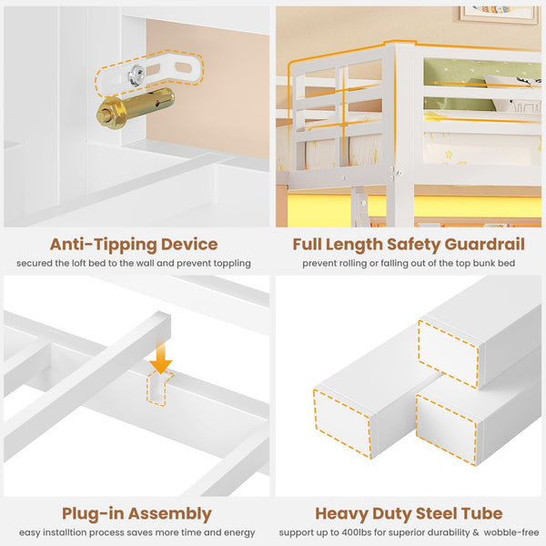 Twin Low Loft Bed with Storage Drawers, Bookcase & LED Lights