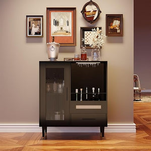 Wine Bar Cabinet with Tempered Glass Doors & Stemware Rack