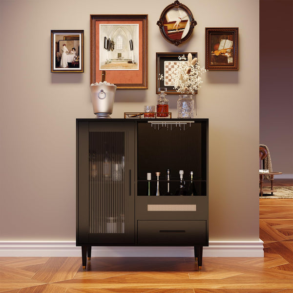 Wine Bar Cabinet with Tempered Glass Doors & Stemware Rack