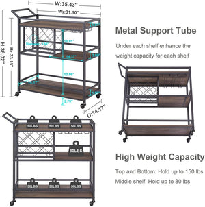 Rolling Bar Cart with Wine Rack & Stemware Holder