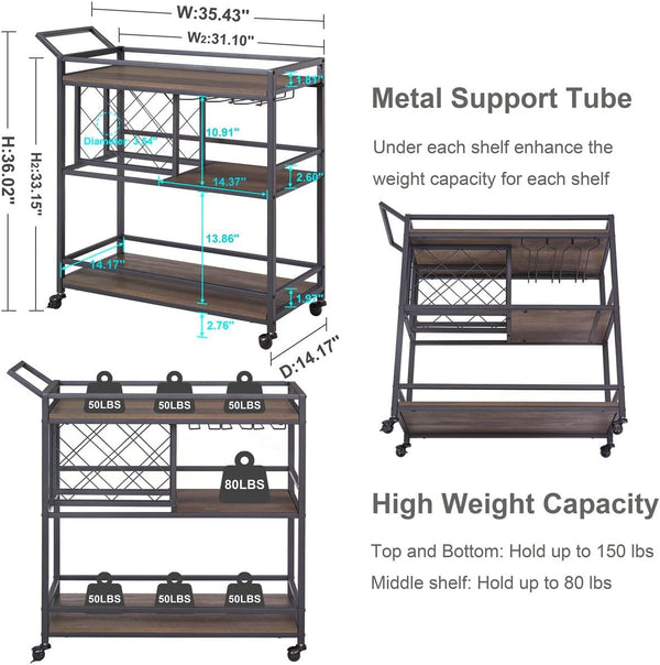 Rolling Bar Cart with Wine Rack & Stemware Holder