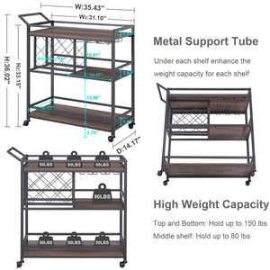 Rolling Bar Cart with Wine Rack & Stemware Holder