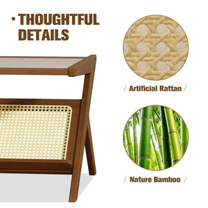 Bamboo Glass Top Coffee Table with Rattan Shelf