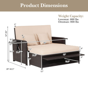 Outdoor Rattan Daybed with Storage Ottoman & Adjustable Backrest